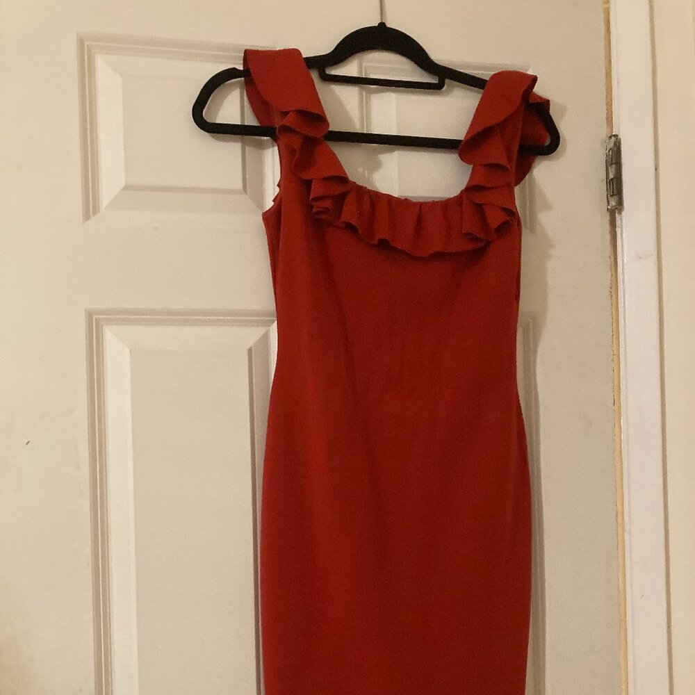 Bailey/44 Rust Red Ruffle Neck Bodycon Midi Dress Size Petite